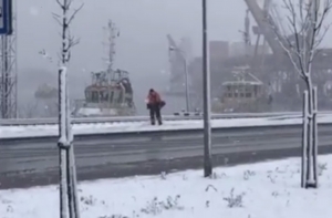 Май в Вентспилсе: мужчина косит траву, несмотря на выпавший снег
