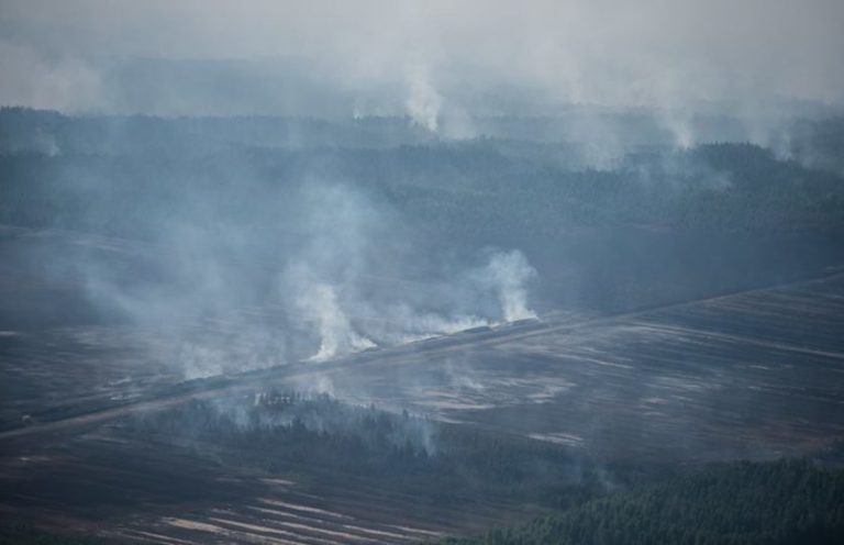 Пожар на торфянике в Карсавском крае: ветер гонит огонь в сторону России