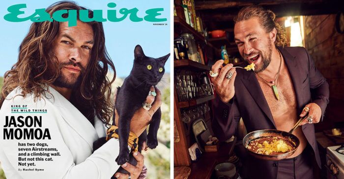 Джейсон Момоа взорвал Инстаграм съёмкой для Esquire. Хотя он просто ест, гладит утюгом и держит кота