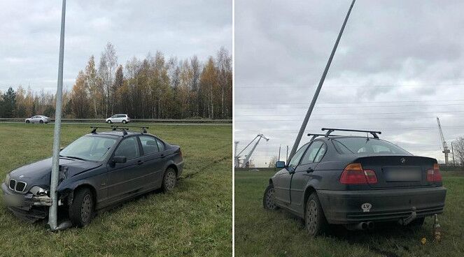 Загадочная авария по дороге в Вецмилгравис: BMW со столбом и пьяный господин