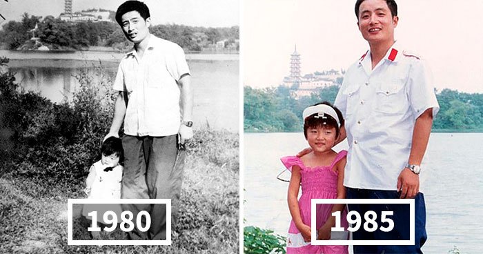 Отец и дочь 40 лет подряд фотографировались на одном и том же месте. Это лучший пример того, как бежит время!