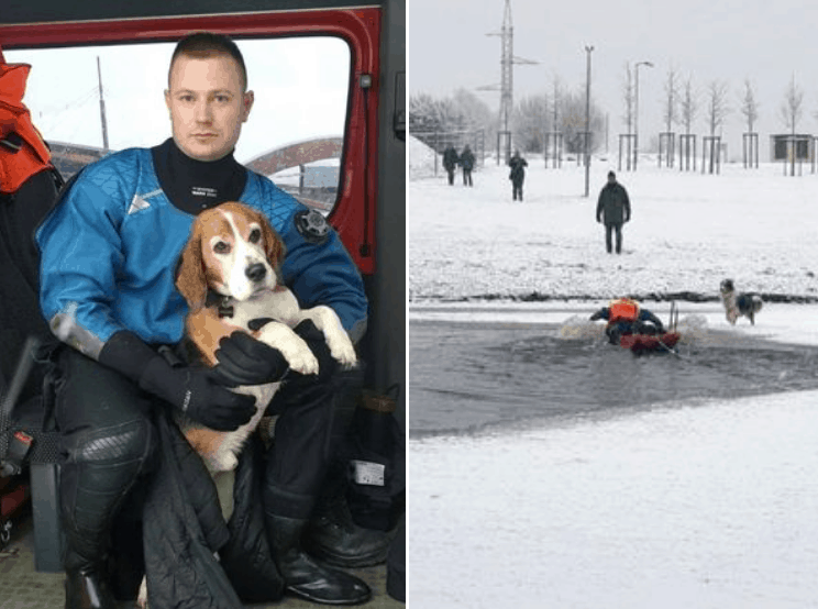 ФОТО: в Елгаве пожарные спасли провалившуюся под лед собаку