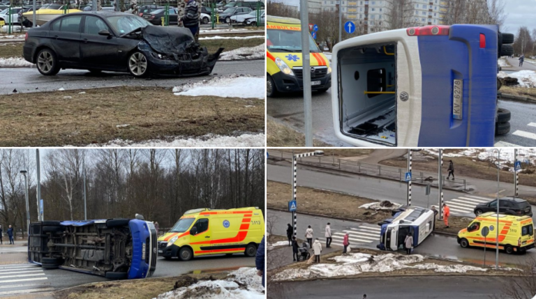 ФОТО: в Золитуде в результате столкновения с BMW перевернулся микроавтобус