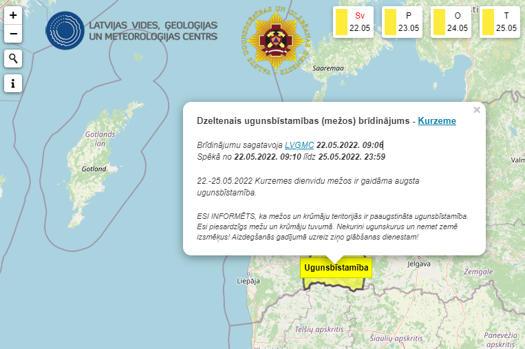 Объявлено желтое предупреждение о высокой пожароопасности в лесах Курземе