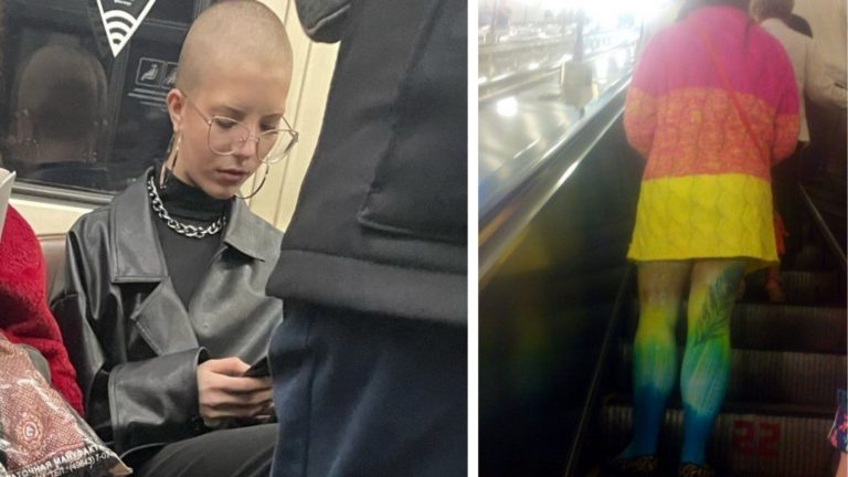 Пассажиры метро у которых модность и чудаковатось в пропорции 50/50