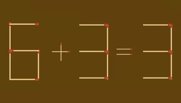 Исправьте уравнение 6+3=3 за 10 секунд, просто добавив одну спичку!
