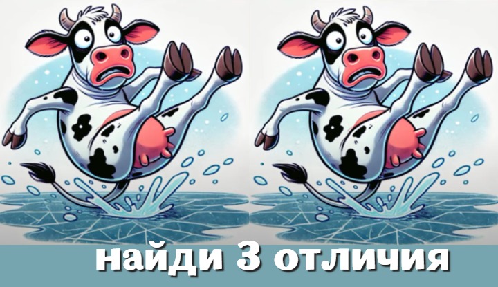 Корова на льду попала в беду: найди три отличия в момент падения