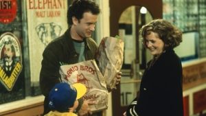 Кадр из фильма «Неспящие в Сиэтле»: Том Хэнкс и Мег Райан, романтическая атмосфера, зимнее настроение, культовая сцена из классической романтической комедии.