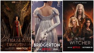 Коллаж постеров ожидаемых продолжений сериалов 2026 года: Euphoria сезон 3, House of the Dragon сезон 3, Bridgerton сезон 4, The Witcher финал и другие популярные шоу Netflix, HBO