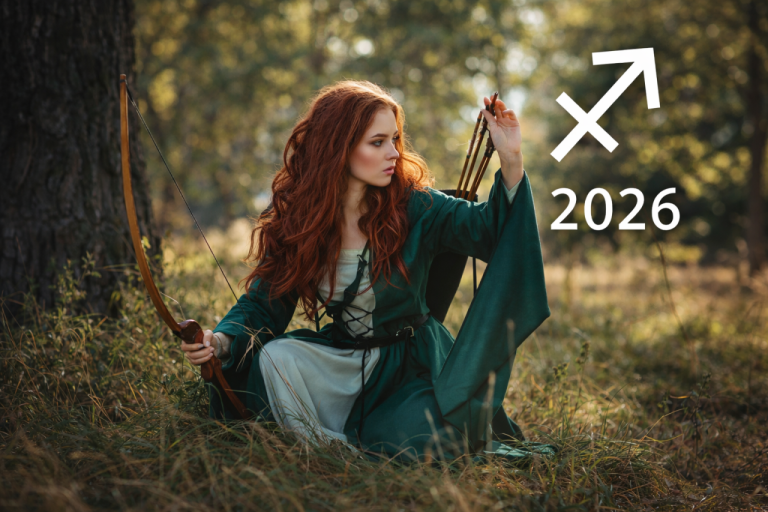 Астрологическая иллюстрация для Стрельца на 2026 год — символы пути, обучения и внутренней трансформации.