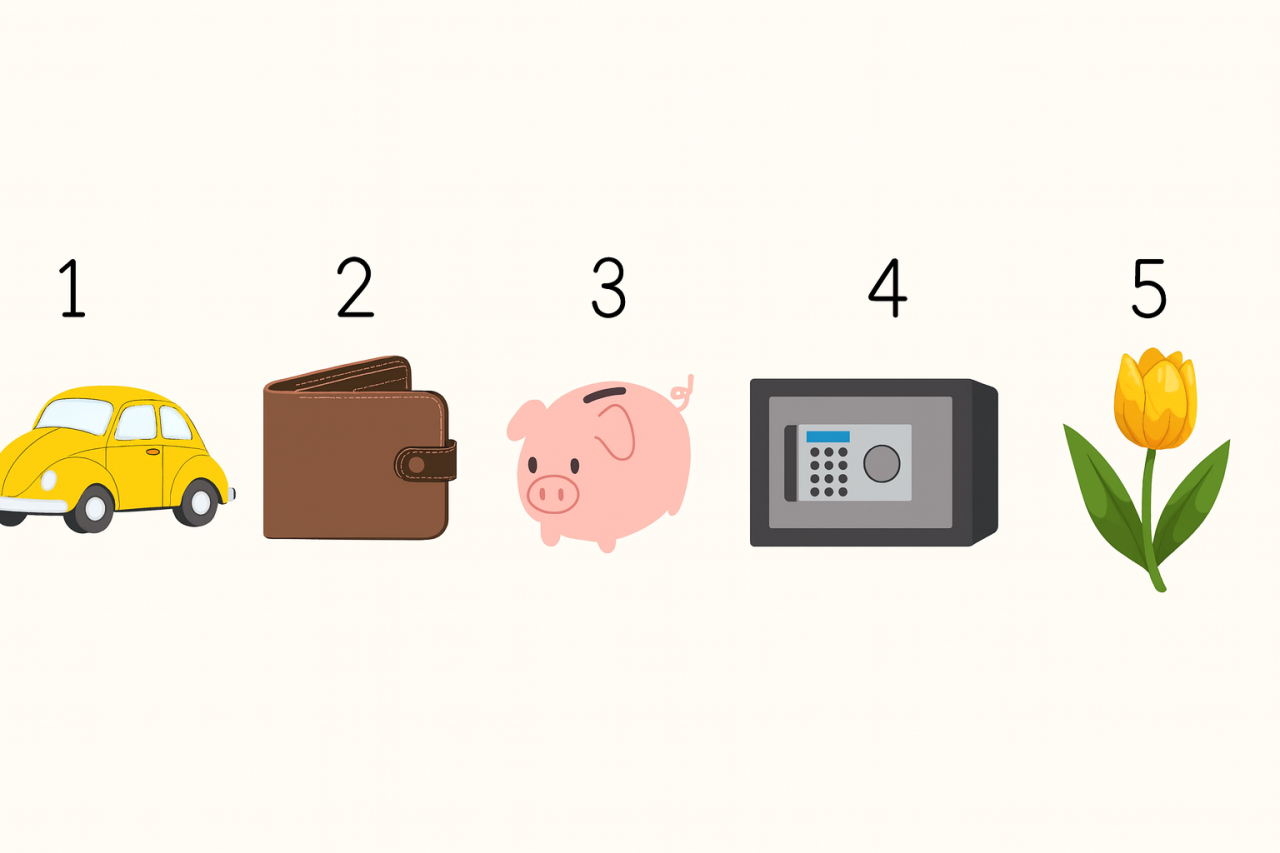 Пять предметов на светлом фоне: жёлтая машина, коричневый кошелёк, розовая копилка, серый сейф и жёлтый тюльпан — визуальный тест на финансовое будущее 2026 года.