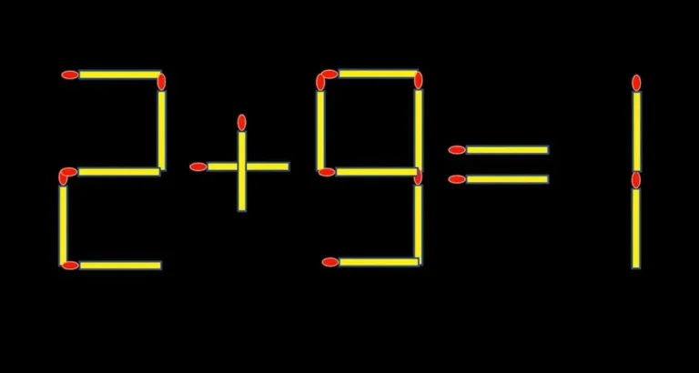 Математическая головоломка из спичек 2 + 9 = 1 на черном фоне, которую нужно решить одним движением.