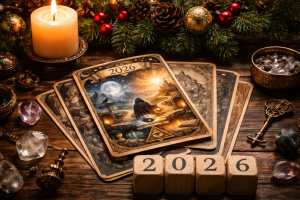 Таро-карта года 2026 с мистической атмосферой, символизирующая внутренний путь, осознанность и жизненный выбор.