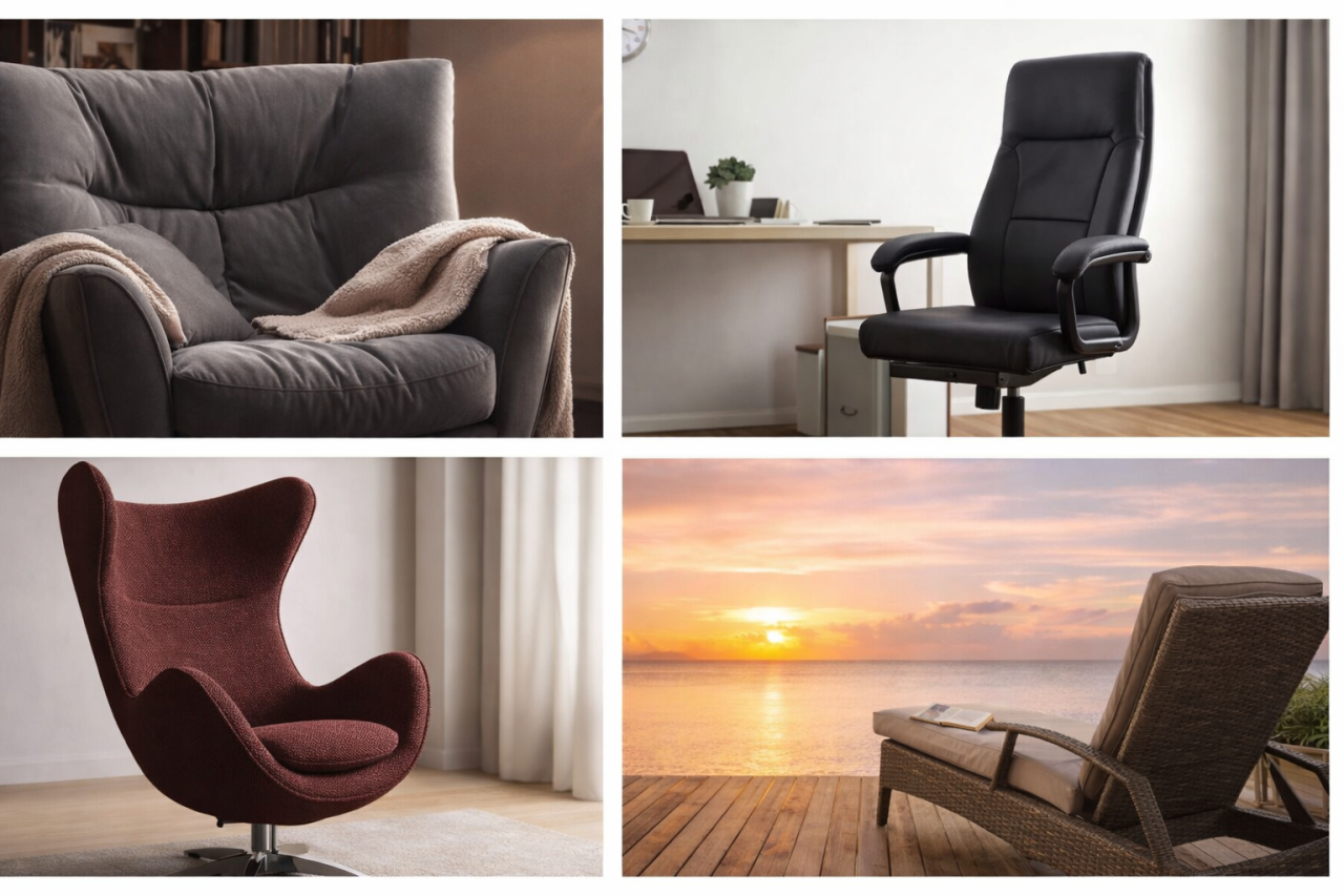 Визуальный психологический тест с четырьмя креслами для выбора — определите, какой отдых нужен вам на самом деле.