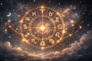 Зодиакальный круг на фоне космоса — астрологический прогноз и энергия 2026 года.