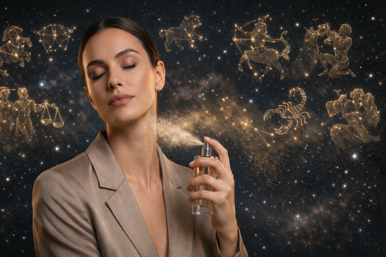 Женщина распыляет парфюм на фоне ночного неба с созвездиями знаков зодиака — символ идеального аромата по гороскопу.
