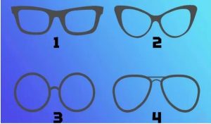 Коллаж: четыре классические оправы очков (1–4) на нейтральном фоне — для визуального психологического теста «выберите оправу».