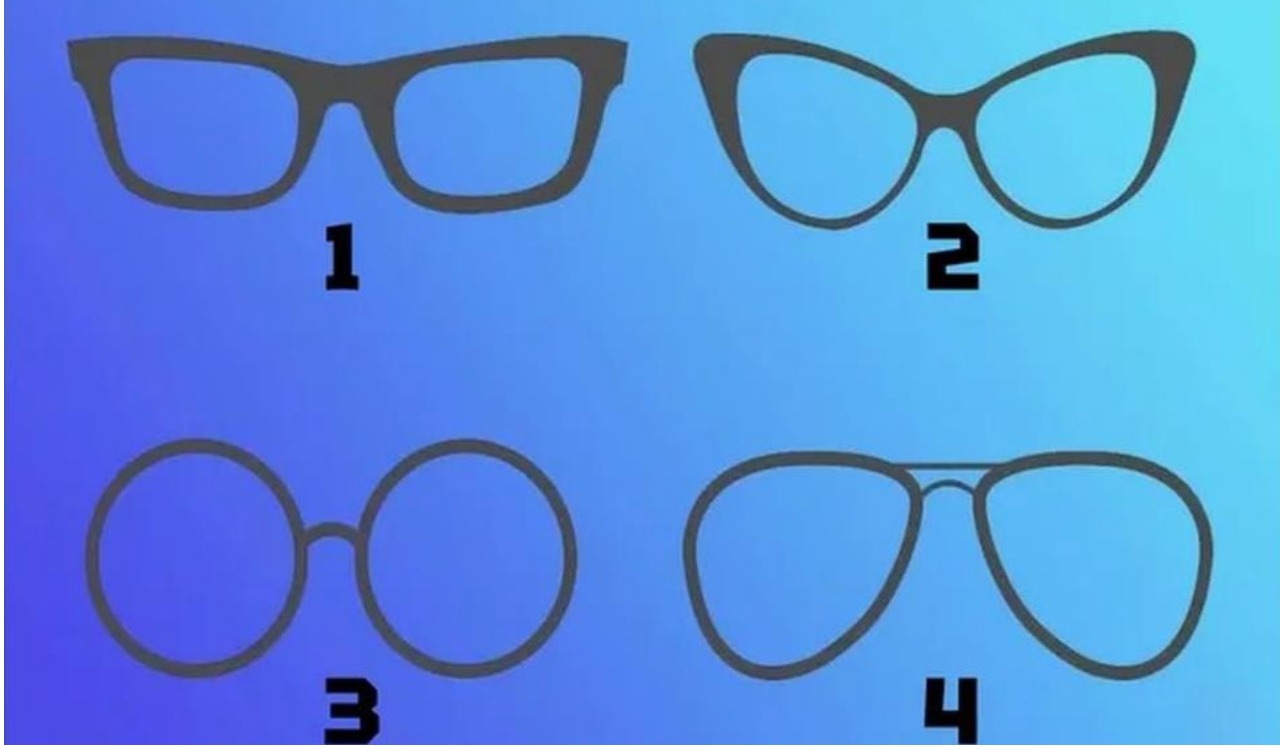 Коллаж: четыре классические оправы очков (1–4) на нейтральном фоне - для визуального психологического теста «выберите оправу».