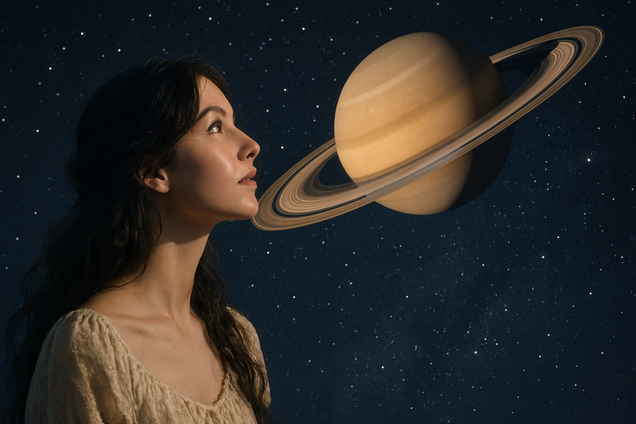 Планета Сатурн и символ знака Овна на фоне звёздного неба — иллюстрация к астрологическому прогнозу февраля 2026 года