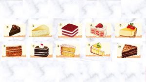 Коллаж 16:9: витрина с 10 популярными десертами (шоколадный торт, ванильный крем, red velvet, клубничный торт, чизкейк, морковный торт, шварцвальд, торт с посыпкой, лимонный пирог, кофейный десерт) с цифрами 1–10 для психологического теста.