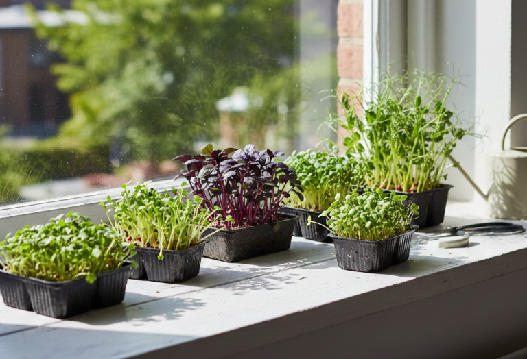 Свежие ростки микрозелени гороха и редиса в контейнере на светлом подоконнике