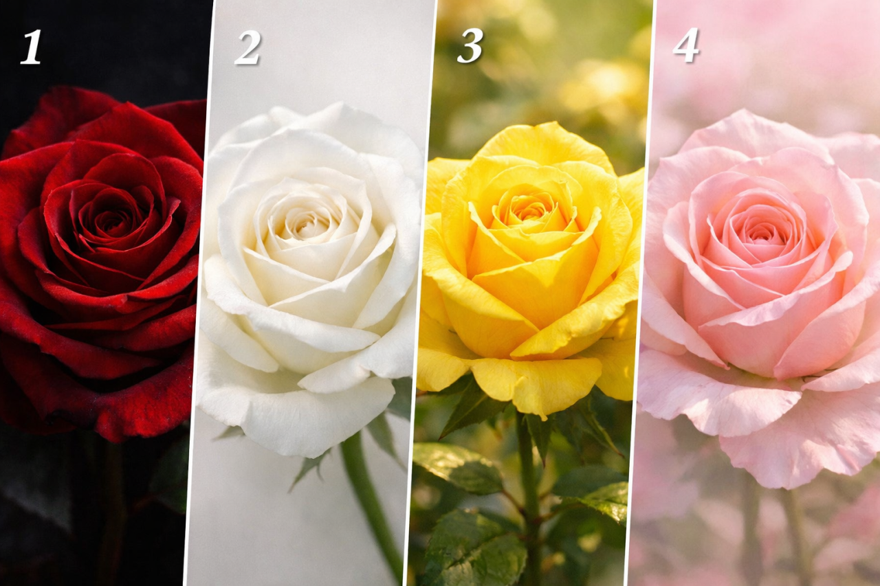 Четыре розы разного цвета - красная, белая, жёлтая и розовая - на нейтральном фоне для психологического теста о скрытых ожиданиях в любви.