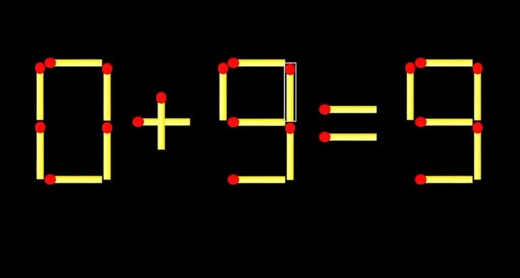 Ответ задачи: перестановка спички из девятки, чтобы получилось верное равенство 0 + 9 = 9.