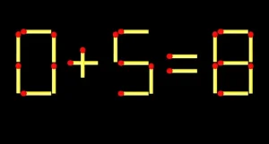 Математическая головоломка из спичек 0 + 5 = 8 на черном фоне.