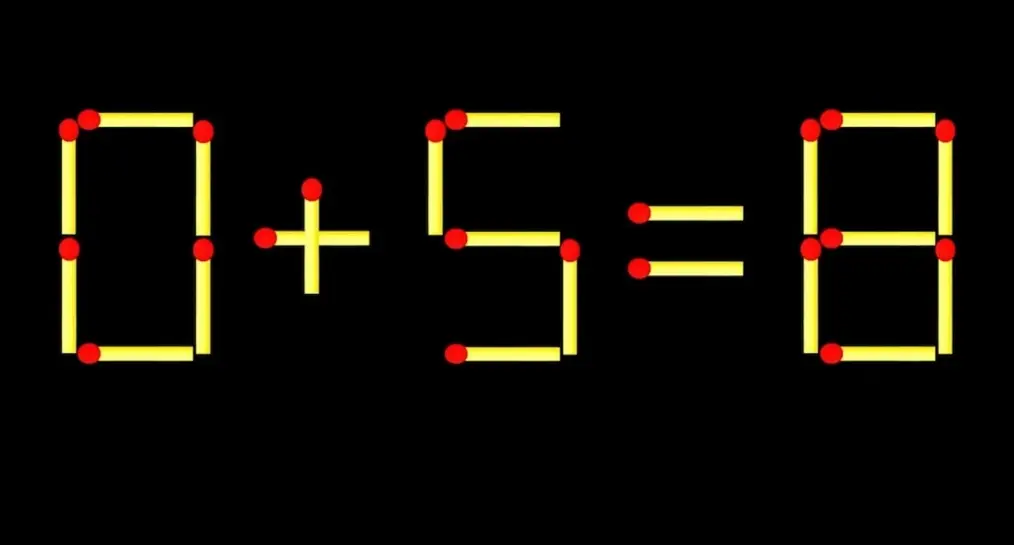 Математическая головоломка из спичек 0 + 5 = 8 на черном фоне.