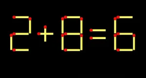 Логическая головоломка со спичками 2 + 8 = 6 на темном фоне, требующая одного движения.