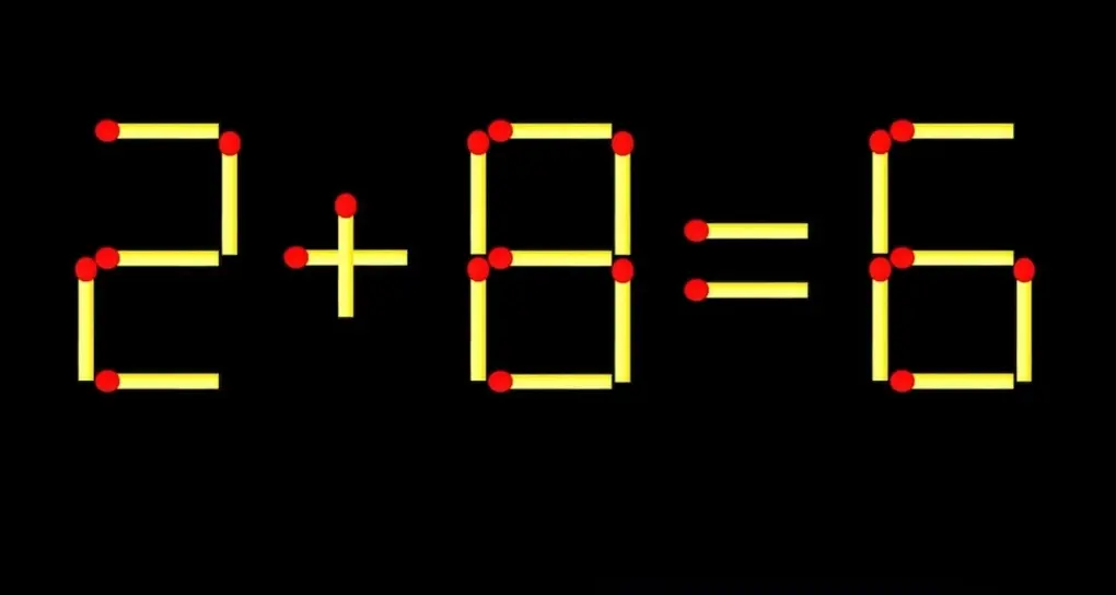 Логическая головоломка со спичками 2 + 8 = 6 на темном фоне, требующая одного движения.