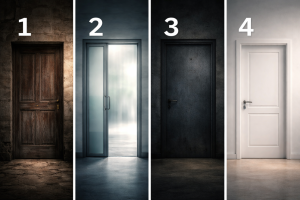 Психологический тест с четырьмя закрытыми дверями: старая деревянная, стеклянная современная, металлическая и белая минималистичная