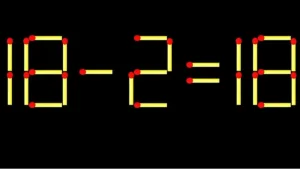 Математическая головоломка 18 - 2 = 18 из желтых спичек на черном фоне.