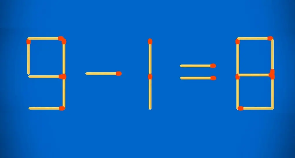 Ответ головоломки: перемещение спички для получения верного равенства 9 - 1 = 8.
