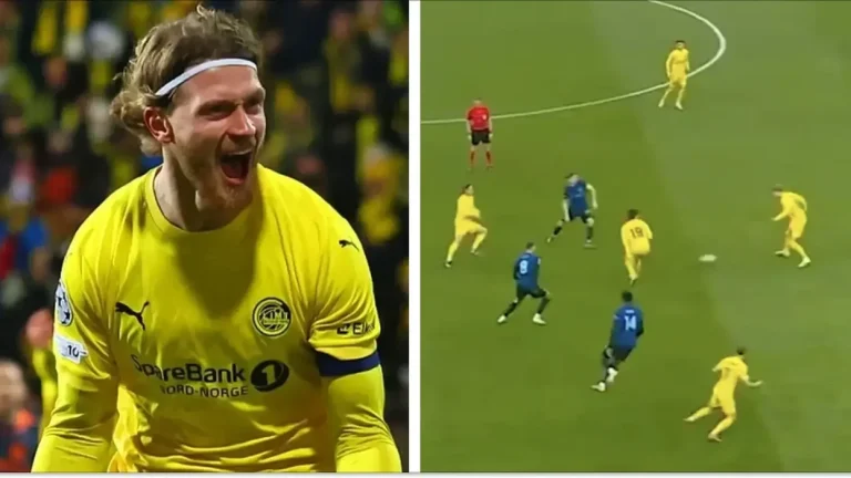 Игроки Бодо/Глимт проводят комбинационную атаку против Интера в матче Лиги чемпионов