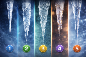 Пять разных сосулек на тёмном зимнем фоне, разделённые вертикальными линиями: тонкая острая, толстая тяжёлая, неровная с трещинами, короткая почти растаявшая и длинная прозрачная — иллюстрация к психологическому тесту.