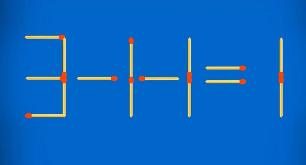 Схема решения: перестановка спички из семерки для превращения примера в 3 - 1 - 1 = 1.