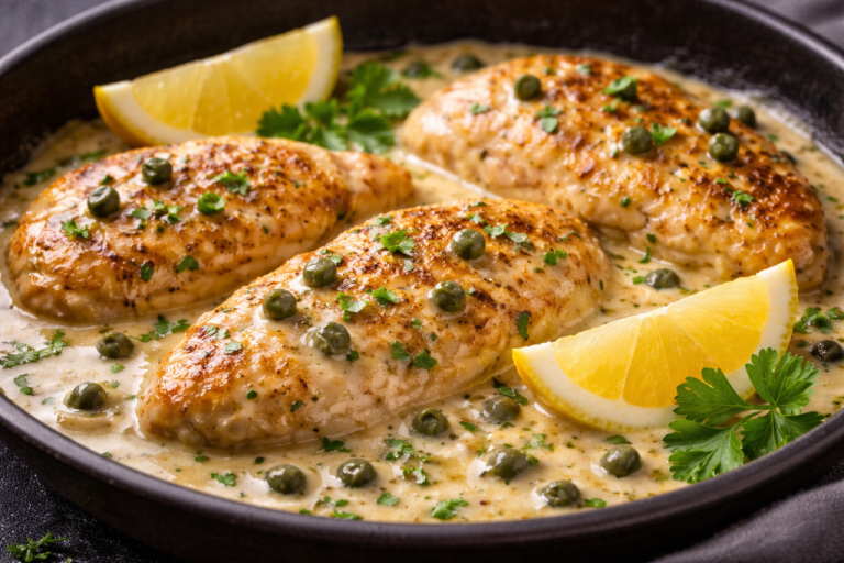 Курица в сливочно-лимонном соусе с каперсами за 15 минут, одна сковорода