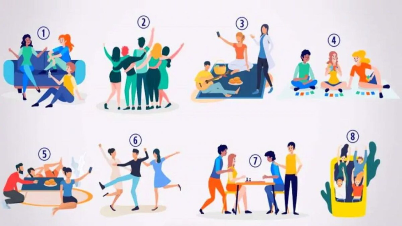 Восемь разных компаний друзей на иллюстрации - визуальный психологический тест на характер и стиль общения