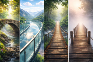 Четыре разных моста — каменный, стеклянный, деревянный и уходящий в туман — визуальный психологический тест