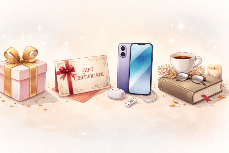 Четыре подарка — коробка с лентой, сертификат, смартфон и книга — визуальный психологический тест