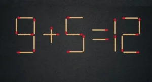 Головоломка со спичками: неверный пример 9+5=12, который нужно исправить, передвинув одну спичку.