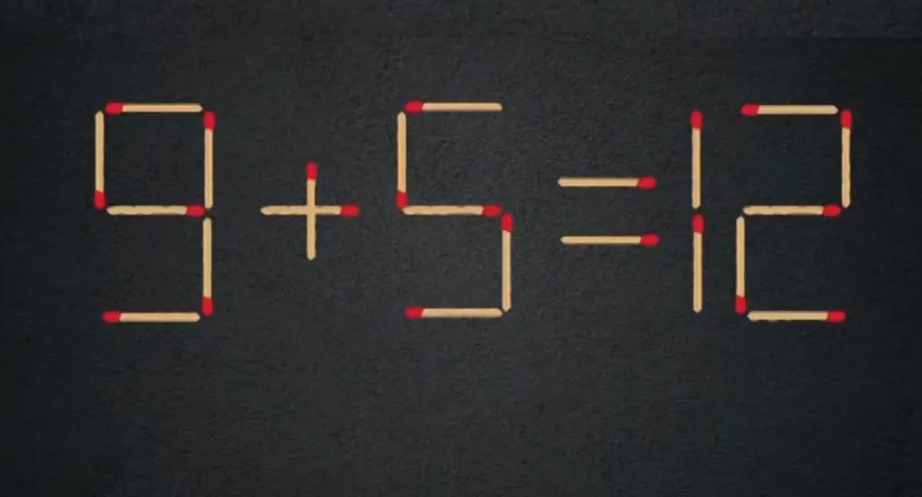 Головоломка со спичками: неверный пример 9+5=12, который нужно исправить, передвинув одну спичку.