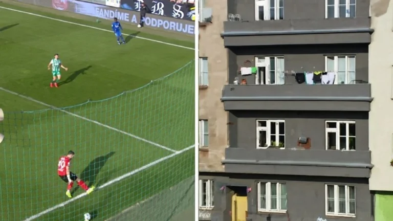 Мяч после мощного удара вратаря перелетает трибуны стадиона и попадает на балкон жилого дома рядом с футбольным полем в Праге.
