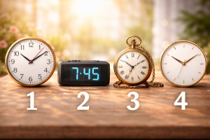 Четыре разных типа часов — классические настенные, цифровые, старинные карманные и минималистичные современные — расположены рядом и пронумерованы 1, 2, 3 и 4 для визуального психологического теста.