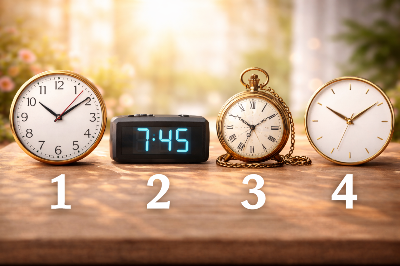 Четыре разных типа часов - классические настенные, цифровые, старинные карманные и минималистичные современные - расположены рядом и пронумерованы 1, 2, 3 и 4 для визуального психологического теста.