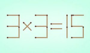 Логическая головоломка со спичками 3 умножить на 3 равно 15 на темном фоне, требующая одного движения.