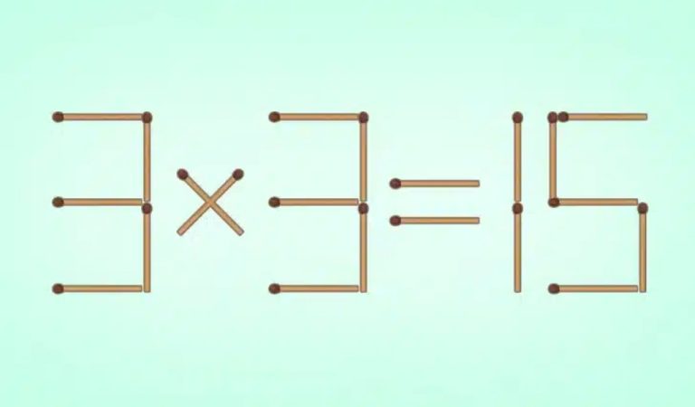 Логическая головоломка со спичками 3 умножить на 3 равно 15 на темном фоне, требующая одного движения.