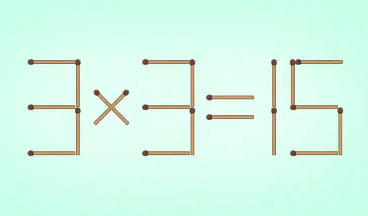 Логическая головоломка со спичками 3 умножить на 3 равно 15 на темном фоне, требующая одного движения.