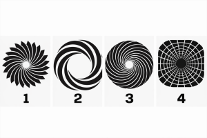 Четыре геометрические спирали и оптические иллюзии чёрного цвета на светлом фоне с цифрами 1–4 для психологического теста на стиль мышления.
